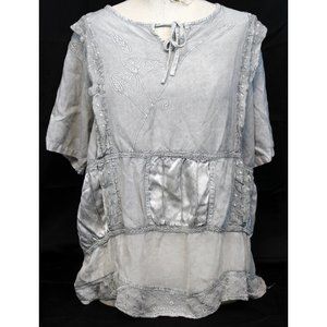 Kaaku Women's Grey-blue Floral Shirt Blouse sz 2X String Lace Satin Strap